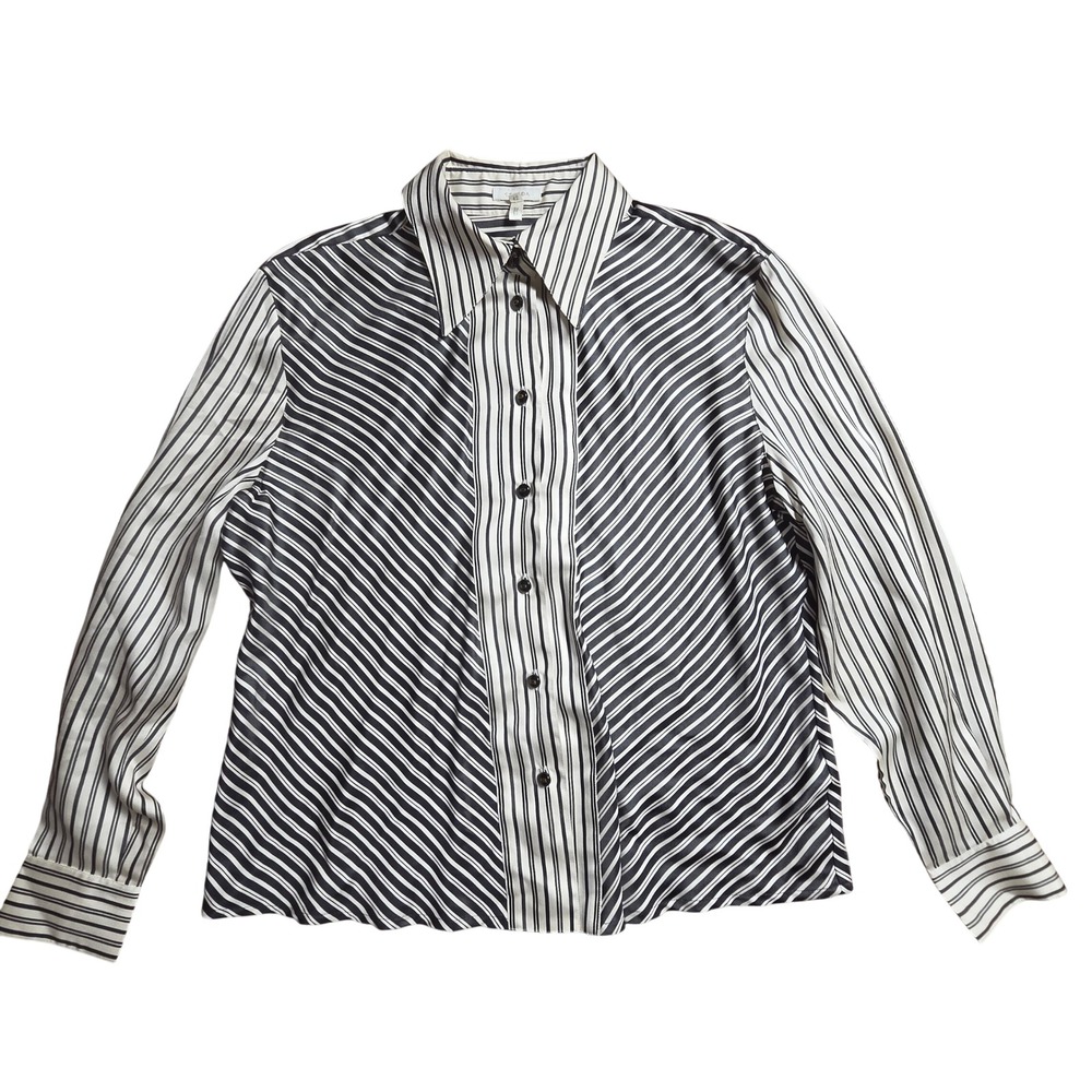 Escada 100% Silk Striped Button Up Blouse 42 Germany Office Siren Quiet Luxury